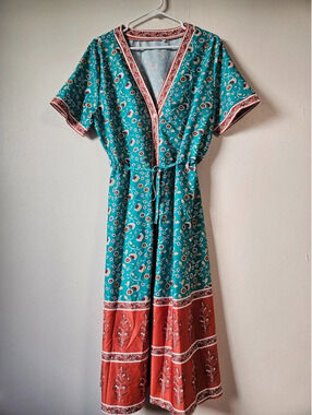 Vintage vibe floral empire waist teal/blue Boho-Chic dress 2XL whimsical hippie